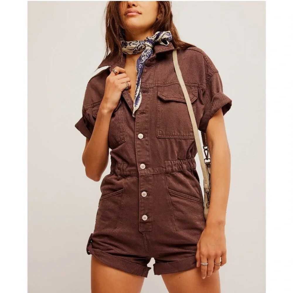 Free People Marci Cuffed Shortalls in Mocha